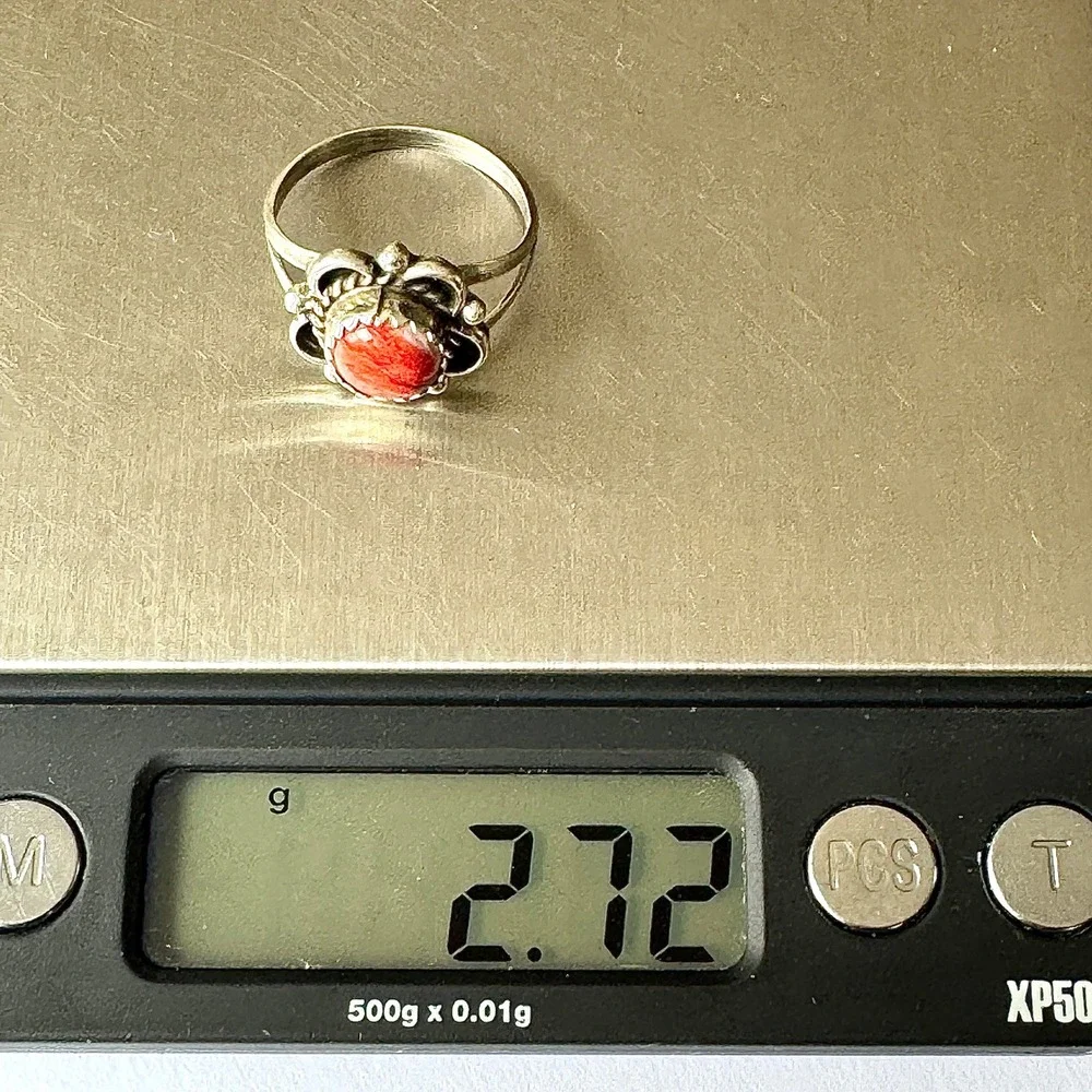 Navajo Flower Ring Red Spiny Oyster Sz 8 Sterling Silver Scalloped Native Amer